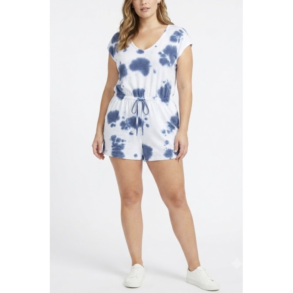 New Jane and Delancey Romper Large Blue Tie Dye Drawstring Waist Casual Summer